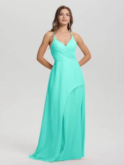 Straps V-Neck Open Back Long Chiffon Formal Bridesmaid Dress