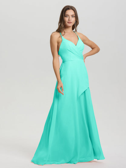 Straps V-Neck Open Back Long Chiffon Formal Bridesmaid Dress