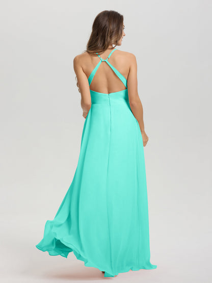Straps V-Neck Open Back Long Chiffon Formal Bridesmaid Dress
