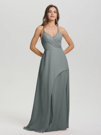 Straps V-Neck Open Back Long Chiffon Formal Bridesmaid Dress