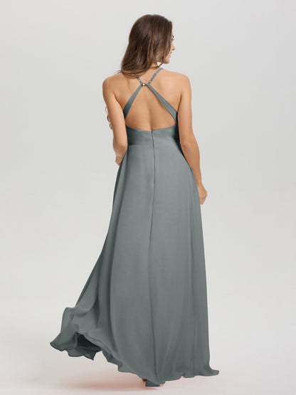Straps V-Neck Open Back Long Chiffon Formal Bridesmaid Dress