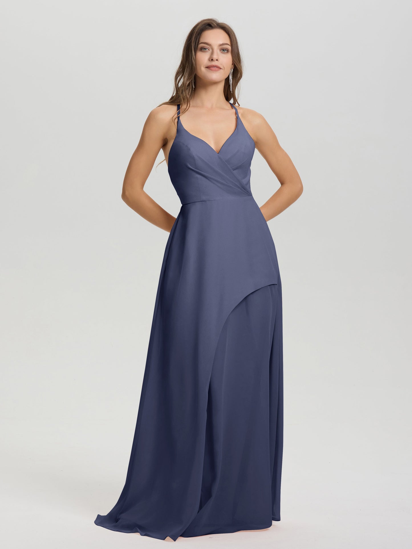 Straps V-Neck Open Back Long Chiffon Formal Bridesmaid Dress