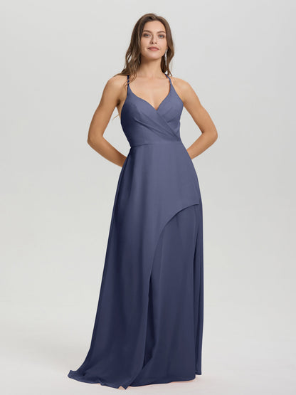 Straps V-Neck Open Back Long Chiffon Formal Bridesmaid Dress