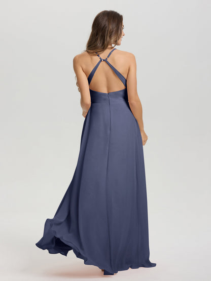 Straps V-Neck Open Back Long Chiffon Formal Bridesmaid Dress