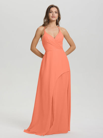 Straps V-Neck Open Back Long Chiffon Formal Bridesmaid Dress