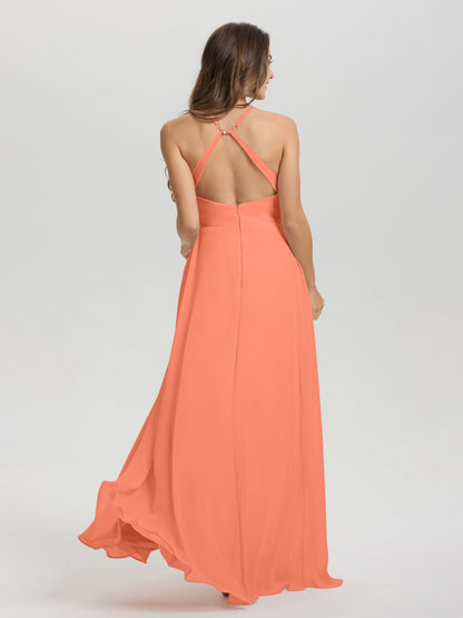 Straps V-Neck Open Back Long Chiffon Formal Bridesmaid Dress