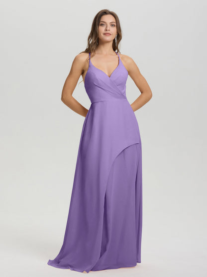 Straps V-Neck Open Back Long Chiffon Formal Bridesmaid Dress