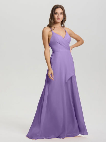 Straps V-Neck Open Back Long Chiffon Formal Bridesmaid Dress