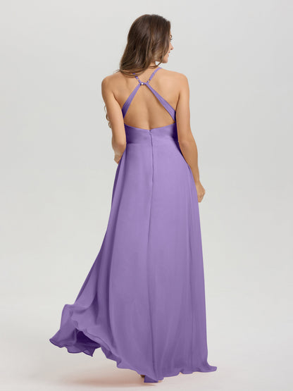 Straps V-Neck Open Back Long Chiffon Formal Bridesmaid Dress