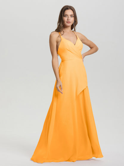 Straps V-Neck Open Back Long Chiffon Formal Bridesmaid Dress
