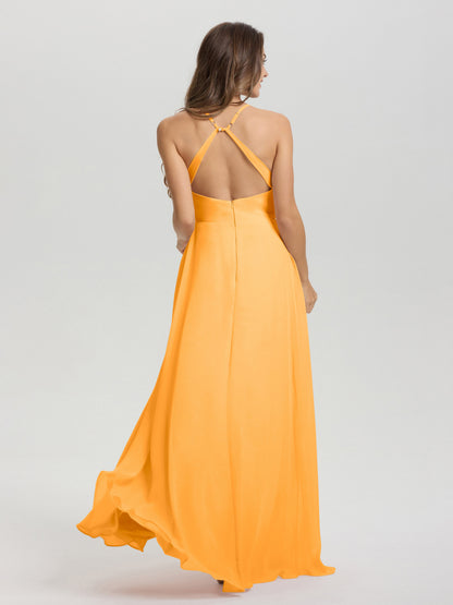 Straps V-Neck Open Back Long Chiffon Formal Bridesmaid Dress
