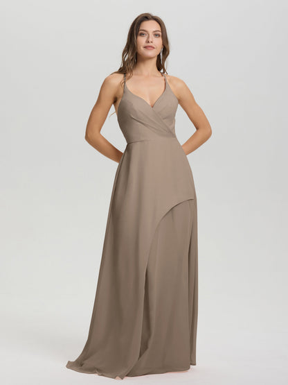 Straps V-Neck Open Back Long Chiffon Formal Bridesmaid Dress