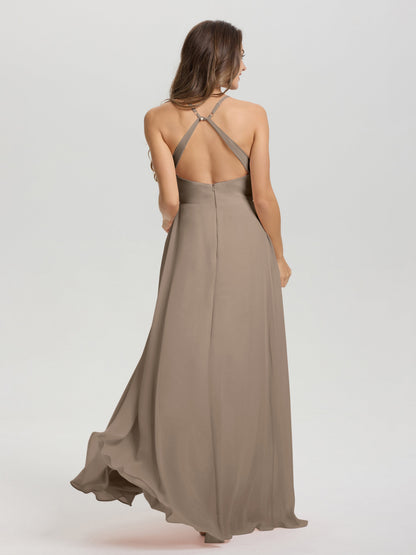 Straps V-Neck Open Back Long Chiffon Formal Bridesmaid Dress