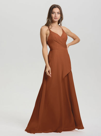 Straps V-Neck Open Back Long Chiffon Formal Bridesmaid Dress