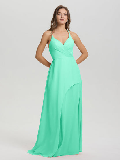 Straps V-Neck Open Back Long Chiffon Formal Bridesmaid Dress