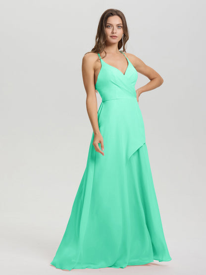Straps V-Neck Open Back Long Chiffon Formal Bridesmaid Dress