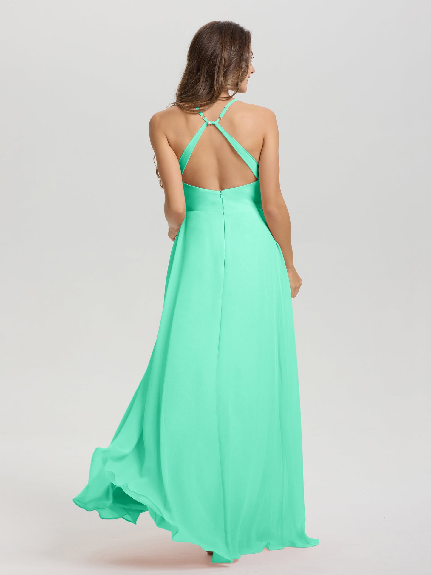 Straps V-Neck Open Back Long Chiffon Formal Bridesmaid Dress