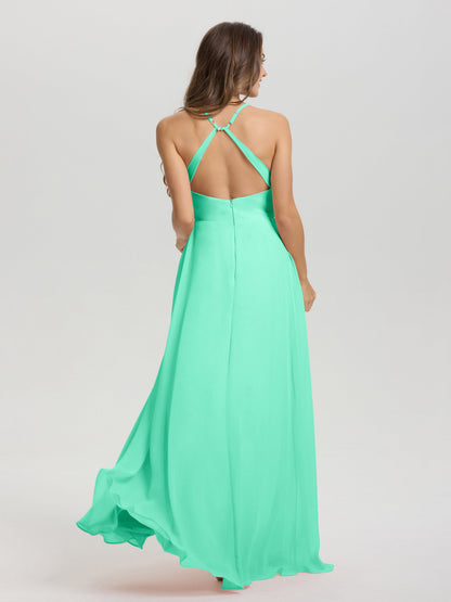 Straps V-Neck Open Back Long Chiffon Formal Bridesmaid Dress
