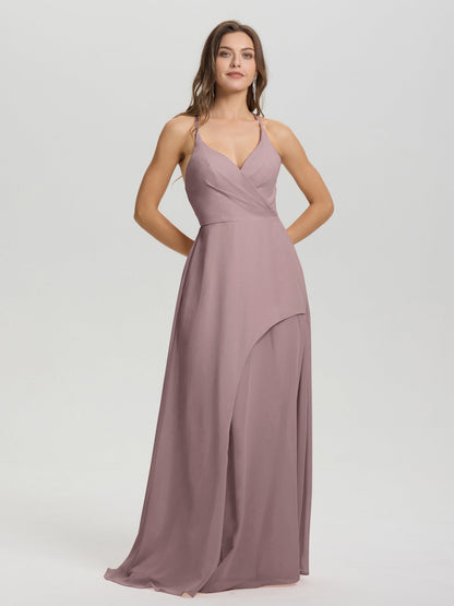Straps V-Neck Open Back Long Chiffon Formal Bridesmaid Dress