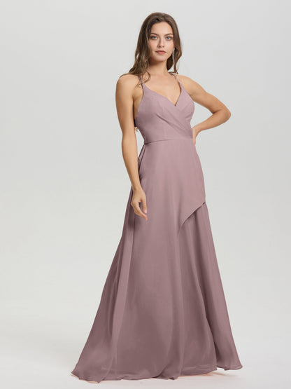 Straps V-Neck Open Back Long Chiffon Formal Bridesmaid Dress