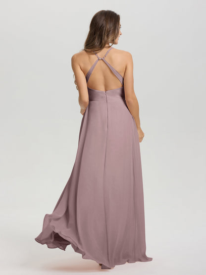 Straps V-Neck Open Back Long Chiffon Formal Bridesmaid Dress