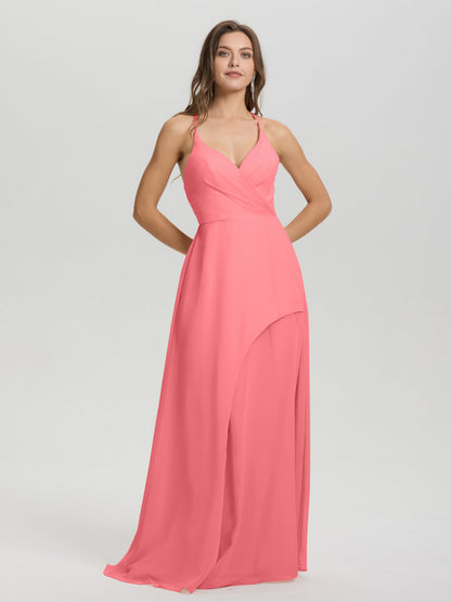 Straps V-Neck Open Back Long Chiffon Formal Bridesmaid Dress