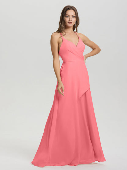 Straps V-Neck Open Back Long Chiffon Formal Bridesmaid Dress