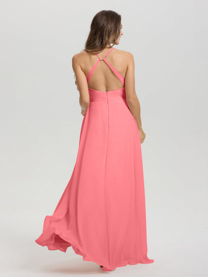 Straps V-Neck Open Back Long Chiffon Formal Bridesmaid Dress