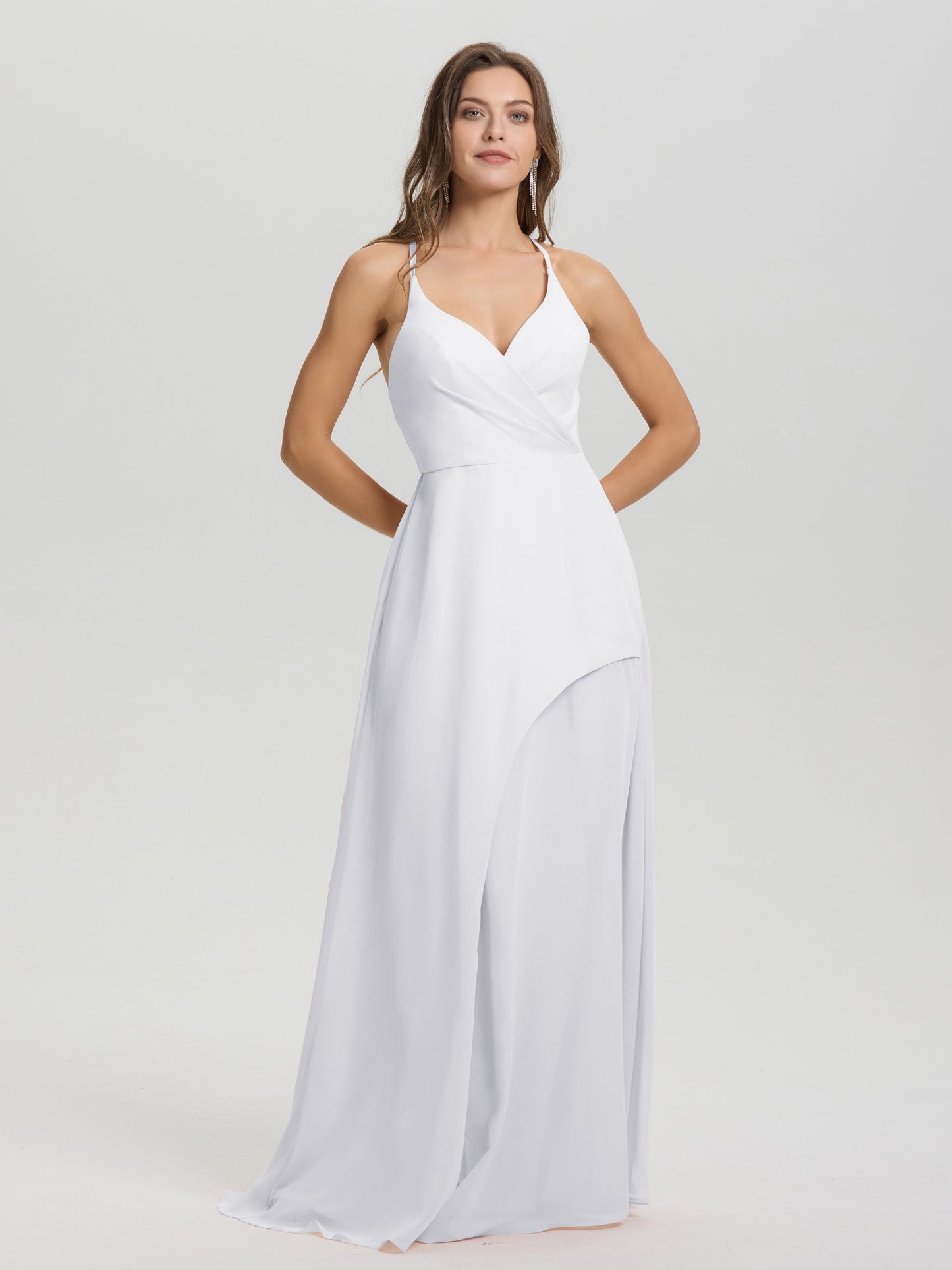 Straps V-Neck Open Back Long Chiffon Formal Bridesmaid Dress