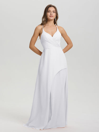 Straps V-Neck Open Back Long Chiffon Formal Bridesmaid Dress