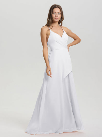 Straps V-Neck Open Back Long Chiffon Formal Bridesmaid Dress