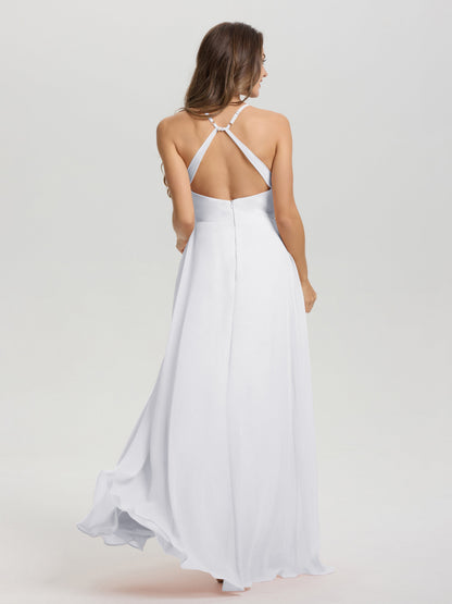 Straps V-Neck Open Back Long Chiffon Formal Bridesmaid Dress