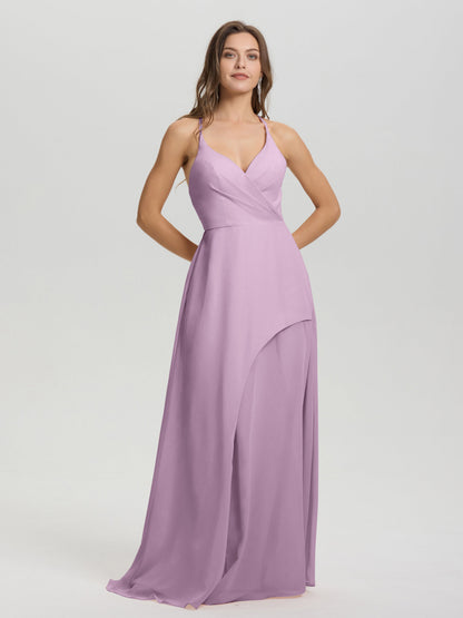 Straps V-Neck Open Back Long Chiffon Formal Bridesmaid Dress
