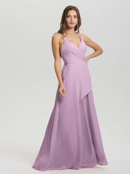 Straps V-Neck Open Back Long Chiffon Formal Bridesmaid Dress