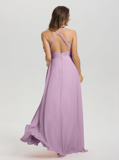 Straps V-Neck Open Back Long Chiffon Formal Bridesmaid Dress