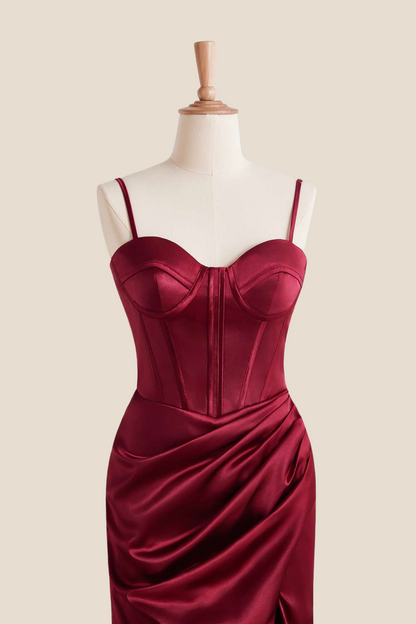 Straps Burgundy Ruched Long Dress with Slit