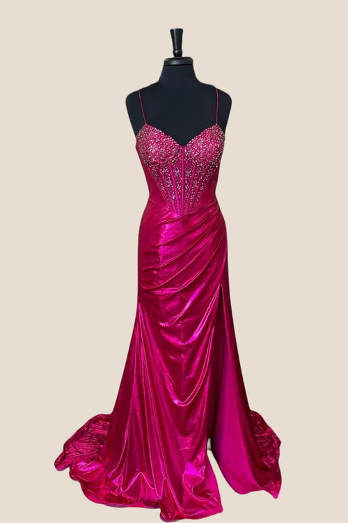 Straps Fuchsia Beaded Mermaid Long Dress