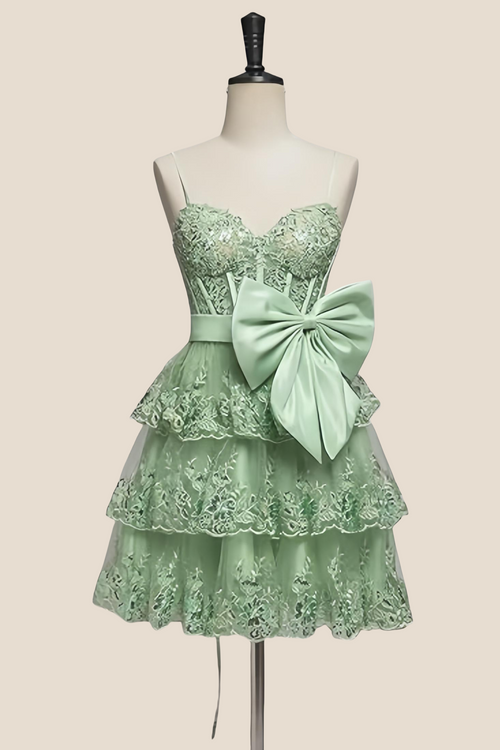 Straps Green Appliques Tiered Short Dress with Bow