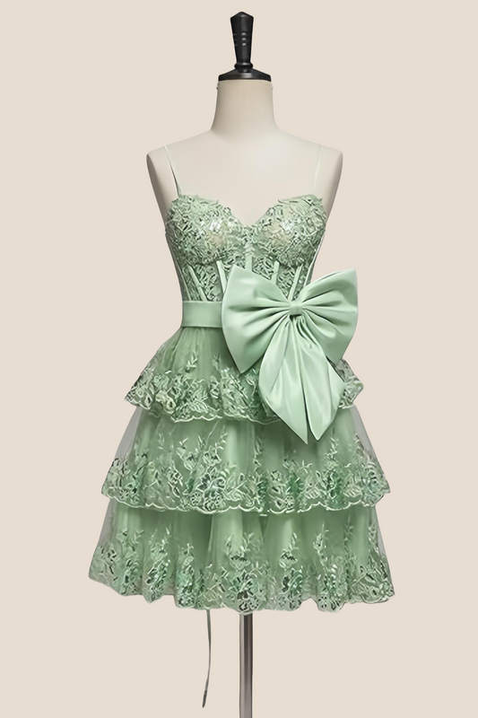 Straps Green Appliques Tiered Short Dress with Bow