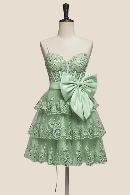 Straps Hot Pink Appliques Tiered Short Dress with Bow