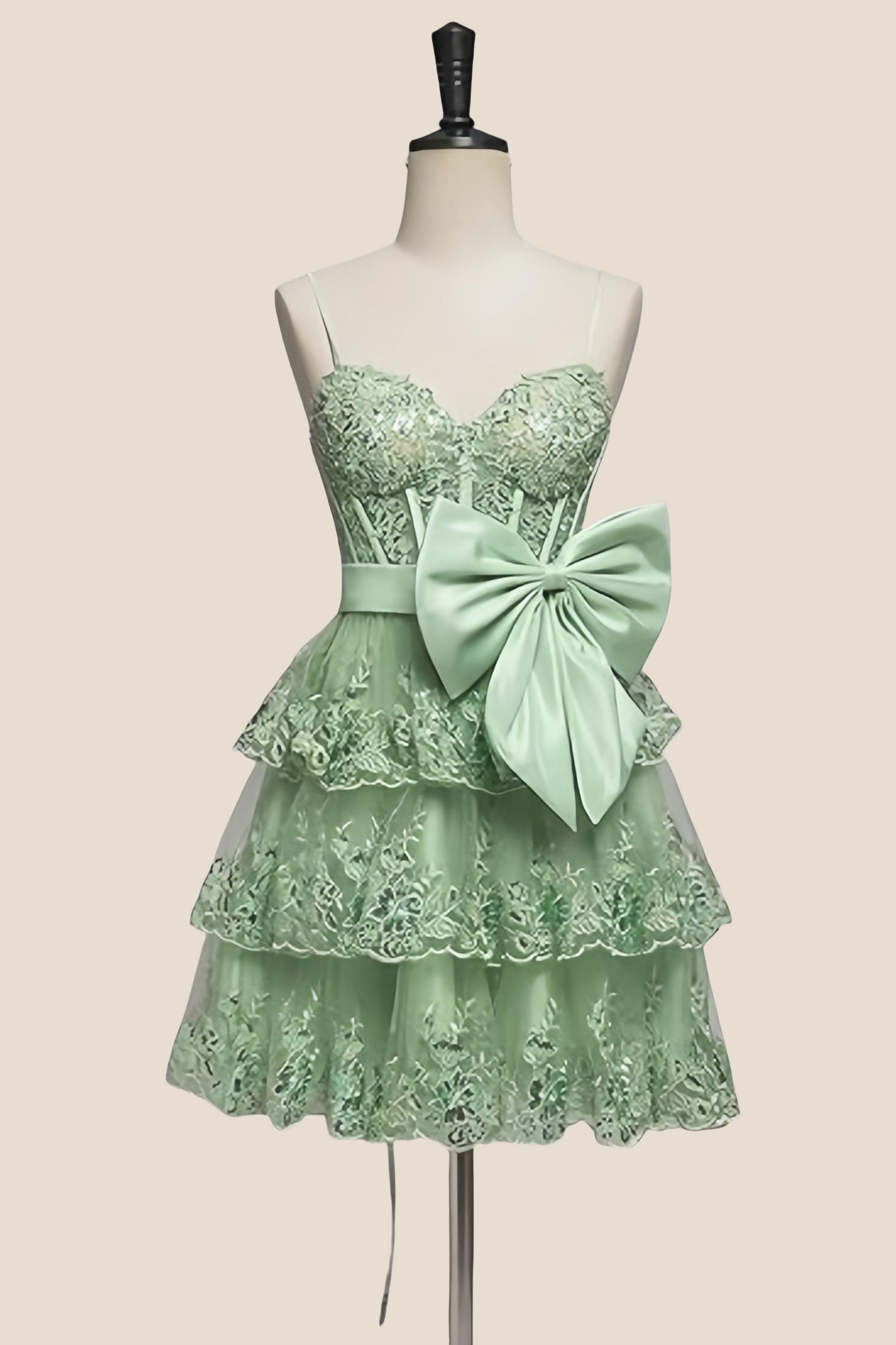 Straps Navy Appliques Tiered Short Dress with Bow