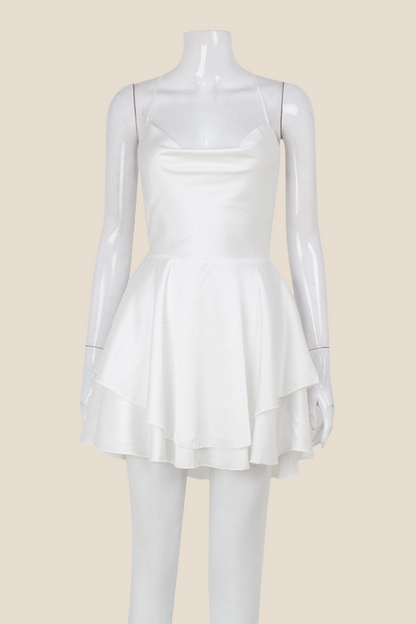 Straps White Lace-up Back Tiered Mini Dress