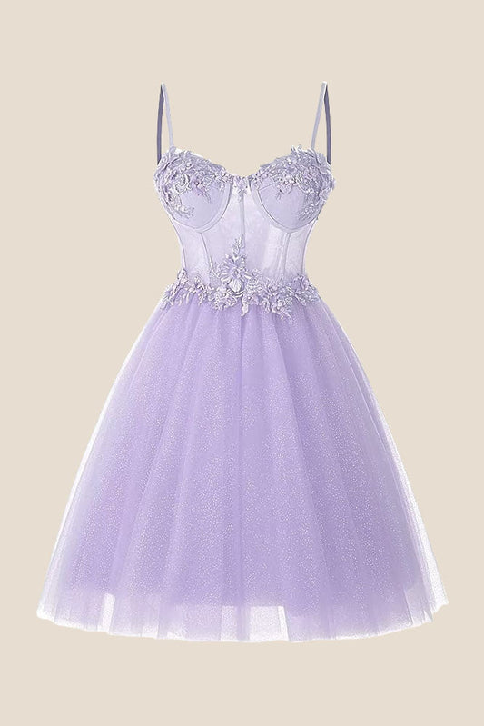 Straps Lavender Appliques Sparkle Tulle Short Dress