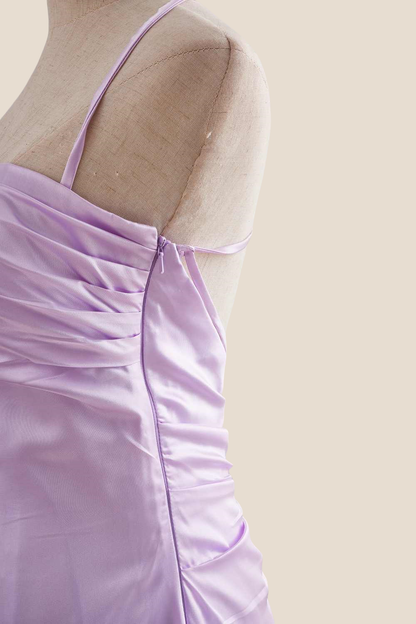 Straps Lavender Ruched A-line Satin Long Dress
