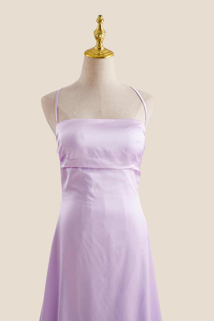 Straps Lavender Ruched A-line Satin Long Dress