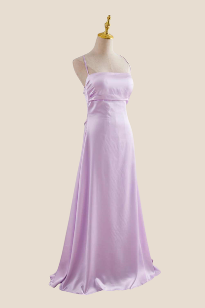 Straps Lavender Ruched A-line Satin Long Dress