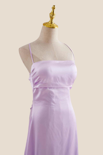 Straps Lavender Ruched A-line Satin Long Dress