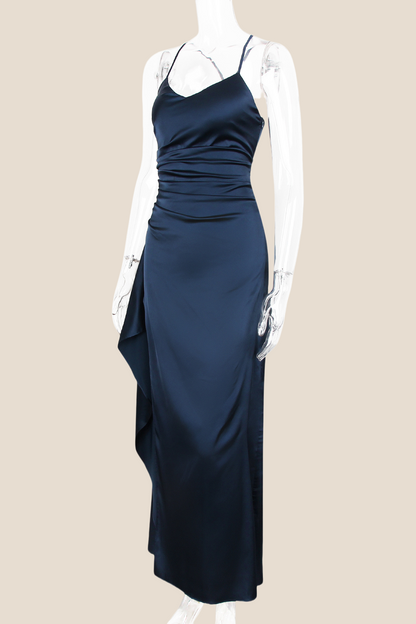 Straps Navy Blue Ruched Long Dress with Slit