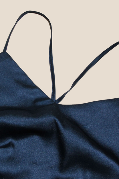 Straps Navy Blue Ruched Long Dress with Slit