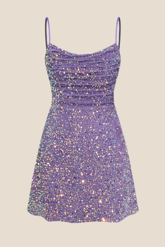 Straps Purple Sequin Ruched A-line Short Dress
